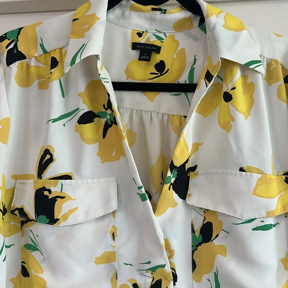 ANN TAYLOR Petite Floral Camp Shirt - Yellow Spring Size Large Tall - Picture 6 of 11